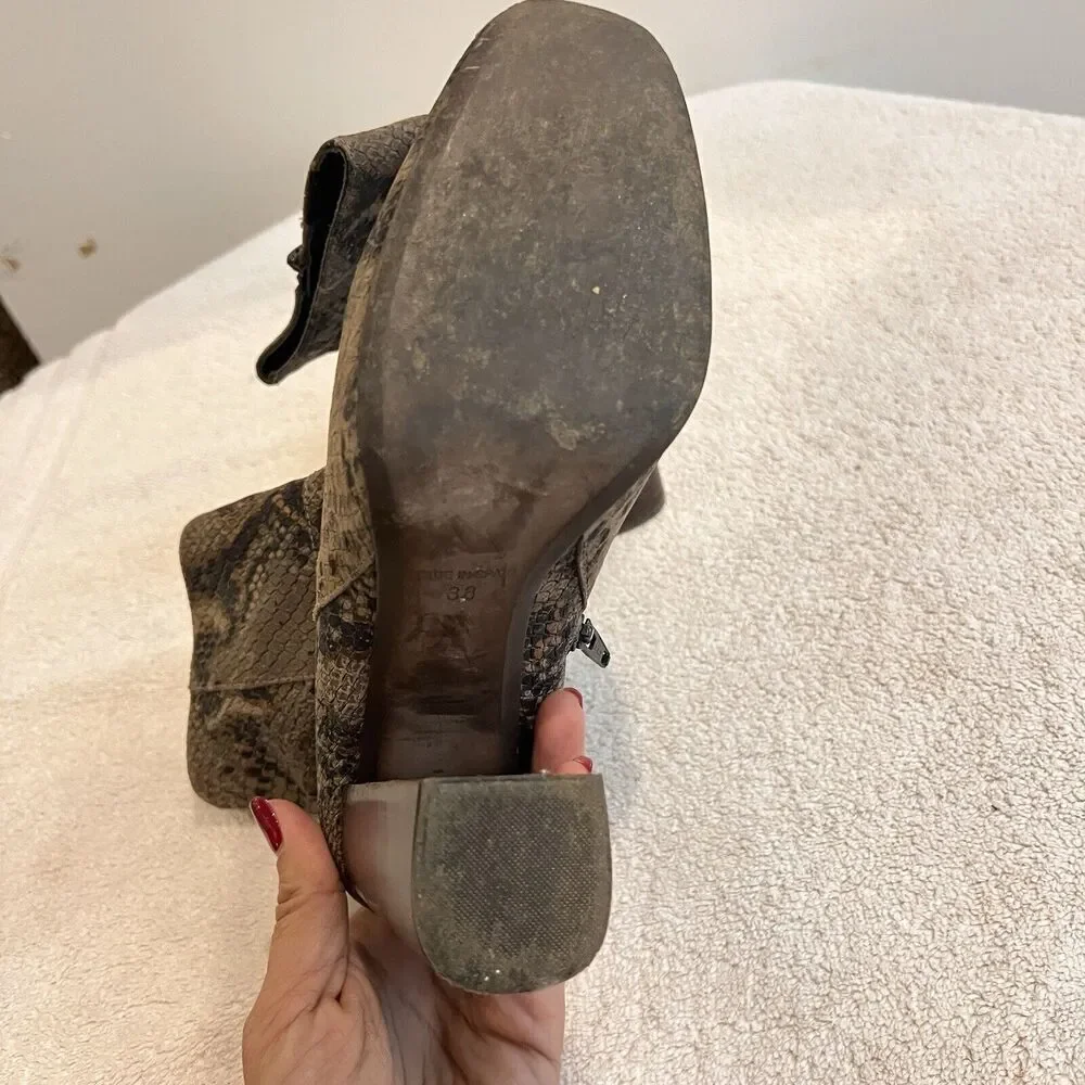 Free People Brown Leather Booties Snake Print Heels Women US 7.5 Eu 38 Boho Chic